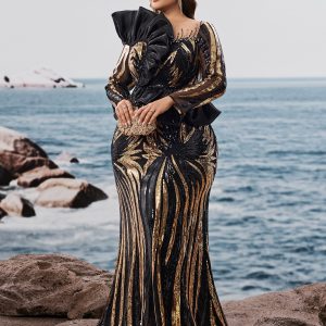 European and American Amazon long sleeve sequin embroidered mermaid evening dress formal elegant frilled luxury beaded dress – Image 4