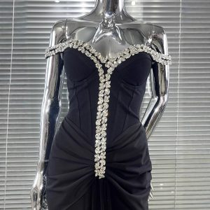 Cross-border luxury sparkling diamonds sexy off-the-shoulder low-cut hip-hugging mermaid dresses European and American temperament party dinner dresses – Image 5
