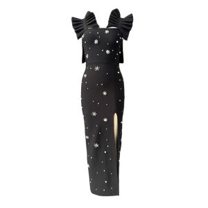 Cross-border European and American pleats, lace nail beads, hot diamonds, sleeveless bandage dresses, celebrity parties, party evening dresses, long skirts – Image 4