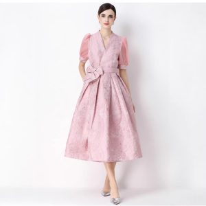 French outfit women's dress 2026 summer waist V-neck short sleeve elegant jacquard long skirt celebrity dress skirt – Image 4