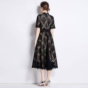 French high-end lace stitched round neck dress women's new summer waist shows thin temperament swing dress skirt – Image 3