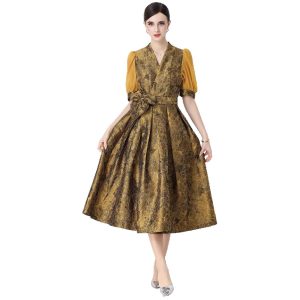 French outfit women's dress 2026 summer waist V-neck short sleeve elegant jacquard long skirt celebrity dress skirt – Image 5