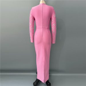 Cross-border European and American new long-sleeved slim temperament heavy industry hot diamond bandage dress dinner party dress long skirt – Image 3