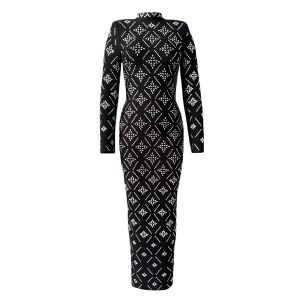 Cross-border European and American new long-sleeved slim temperament heavy industry hot diamond bandage dress dinner party dress long skirt – Image 4