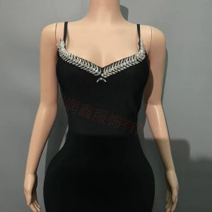 New Hot Selling Suspenders V-Neck Nail Diamond Women's Dress High Slit Chain Tassel Fishtail Bandage Evening Dress – Image 3