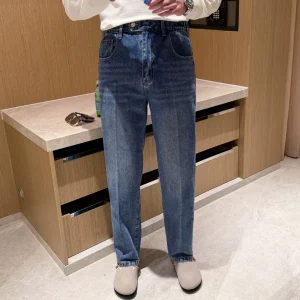 Autumn casual men's blue jeans new men's retro washed wear-resistant slim jeans men's straight leg – Image 3