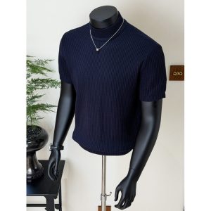Knitted shirt short sleeve T-shirt men's semi-turtleneck pit texture old money wind ice silk summer cross-border factory wholesale – Image 3
