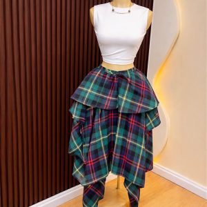 European and American cross-border women's clothing 2026 summer new high-waisted lace-up plaid irregular mid-length A-line skirt for women – Image 4