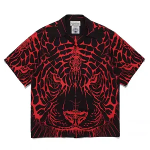 Wacko Maria red and green wolf face full of printed shirt street loose Hawaiian resort style short-sleeved shirt – Image 3