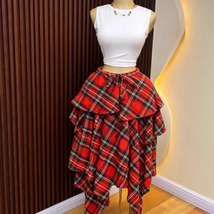 European and American cross-border women's clothing 2026 summer new high-waisted lace-up plaid irregular mid-length A-line skirt for women – Image 3