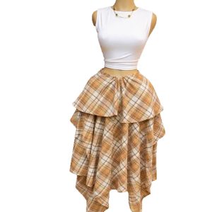 European and American cross-border women's clothing 2026 summer new high-waisted lace-up plaid irregular mid-length A-line skirt for women – Image 5