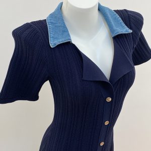 High Quality Sd Home 26 Spring New POLO Stitched Denim Collar Contrast Single-Breasted Short Sleeve Cinched Waist Knitted Dress – Image 3