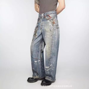 American high street hip-hop washed loose wide-leg silhouette digital print ance jeans for men and women – Image 3