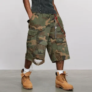 Destruction Camouflage Stone Mill Wash Distressed Cropped Pants American Ripped Cargo Pants Loose Wide-leg Shorts – Image 3