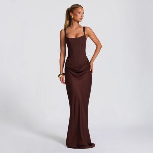 Spot TK cross-border women's new spring 2026 slim herringbone camisole dress long skirt solid color hip hugging dress – Image 3