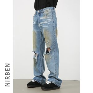 Nirben Denim|High Street American Washed Ripped JeansMen's Trendy Brand Retro Loose Hip Hop Bootcut Trousers – Image 3