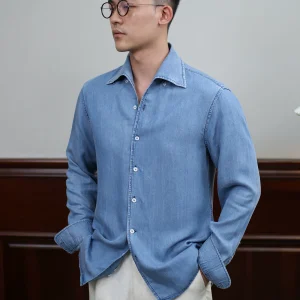 IsirHonour Italian Old Money Style One-Piece Collar Washed Tencel Denim Blue Drape Casual Vintage Long-Sleeve Shirt – Image 5
