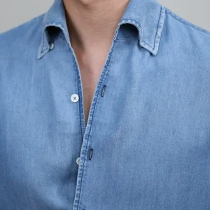 IsirHonour Italian Old Money Style One-Piece Collar Washed Tencel Denim Blue Drape Casual Vintage Long-Sleeve Shirt – Image 3