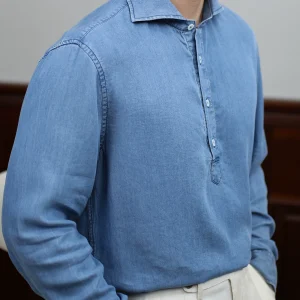 IsirHonour Tencel Denim Old Money Style Off-Shoulder Half-Neck Slightly Loose Commuter Men's Pullover Long-Sleeve Shirt – Image 3